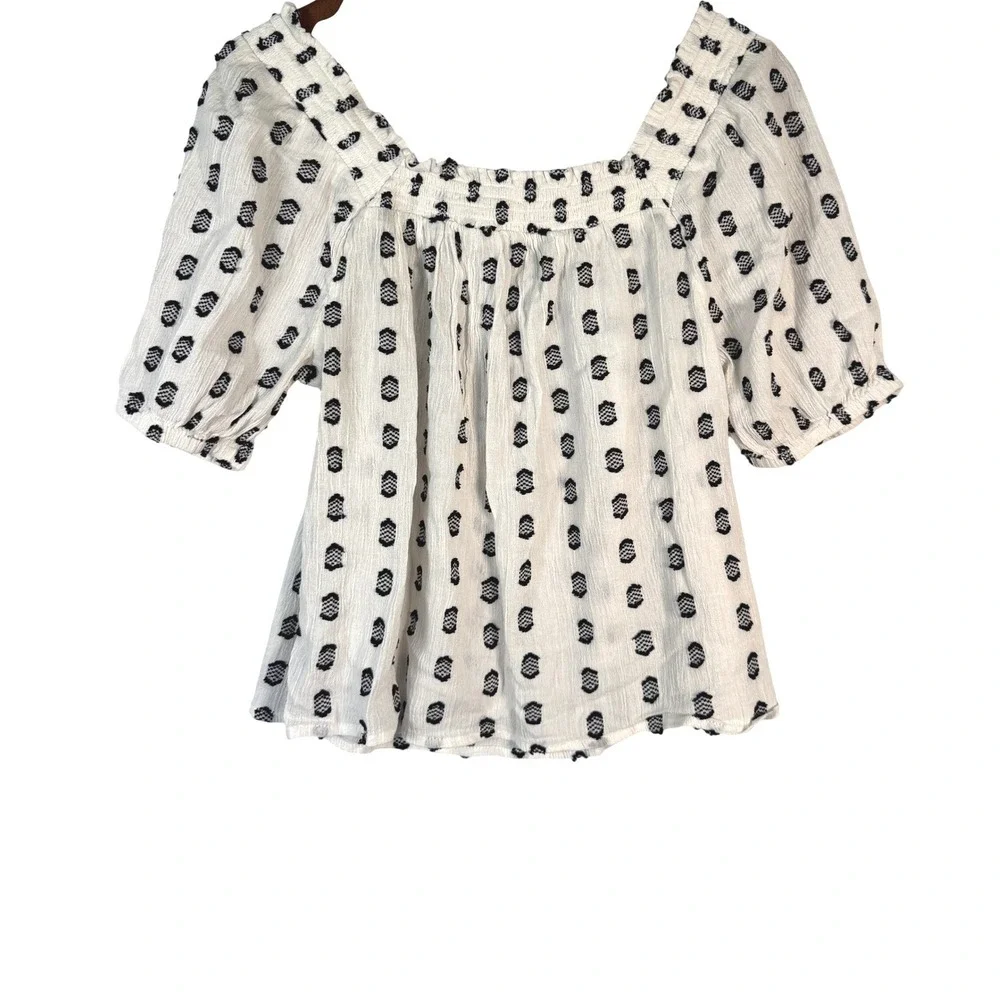 LOFT White Black Embroidered Cotton Gauze Smocked Square Neck Blouse M
